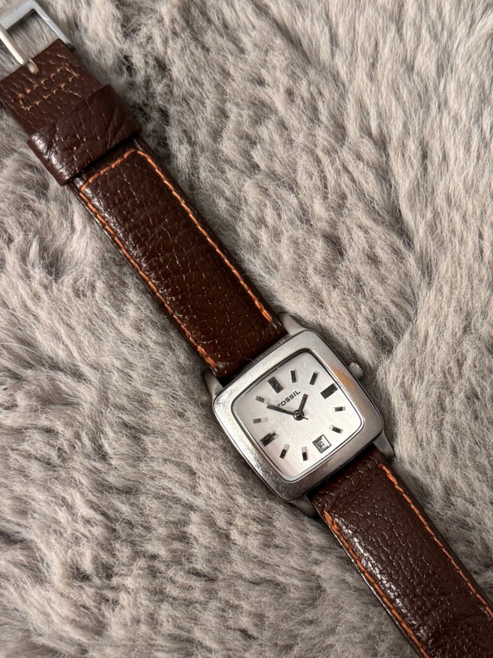 Vintage Fossil Square Face Watch Brown Leather Strap Y2K Minimalist